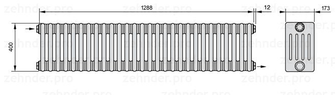 Схема (чертеж) Радиатор Zehnder Charleston 5040/28 №1670 Белый глянцевый RAL 9016